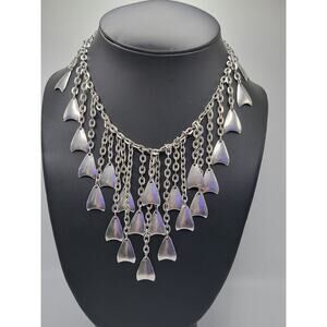 Vintage Silver Tone Fringe Bib Necklace Mod Triangle Drop Statement Collar